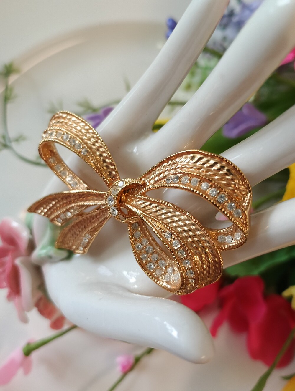 Vintage Roman Gold Rhinestone Bow Brooch